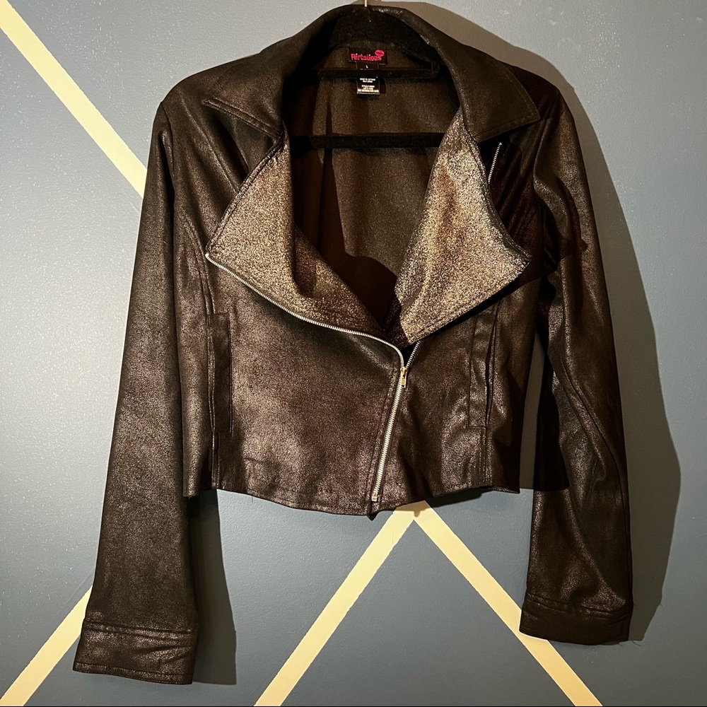 Flirtatious Faux Suede Black Crop Glitter Lapel Jacket Size L